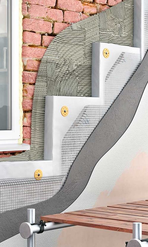 Äußere Ziegelwand-Wärmedämmung mit Gerüst und Innenansicht durch Fenster, 3D-Darstellung